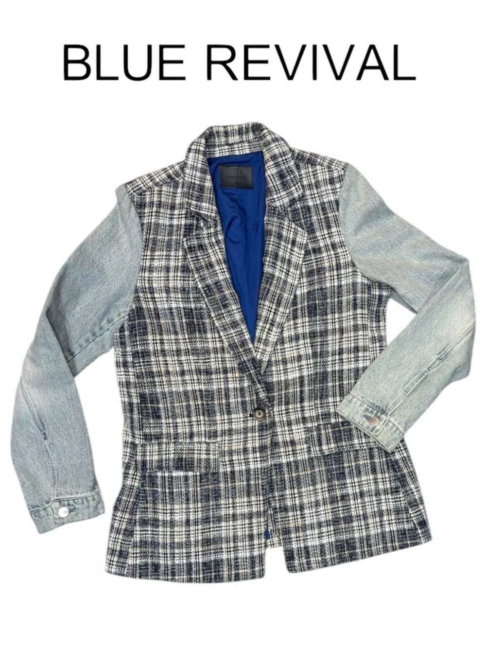 Blue‎ Revival Women's Blue Plaid Blazer Vest with Denim Sleeves - Size M